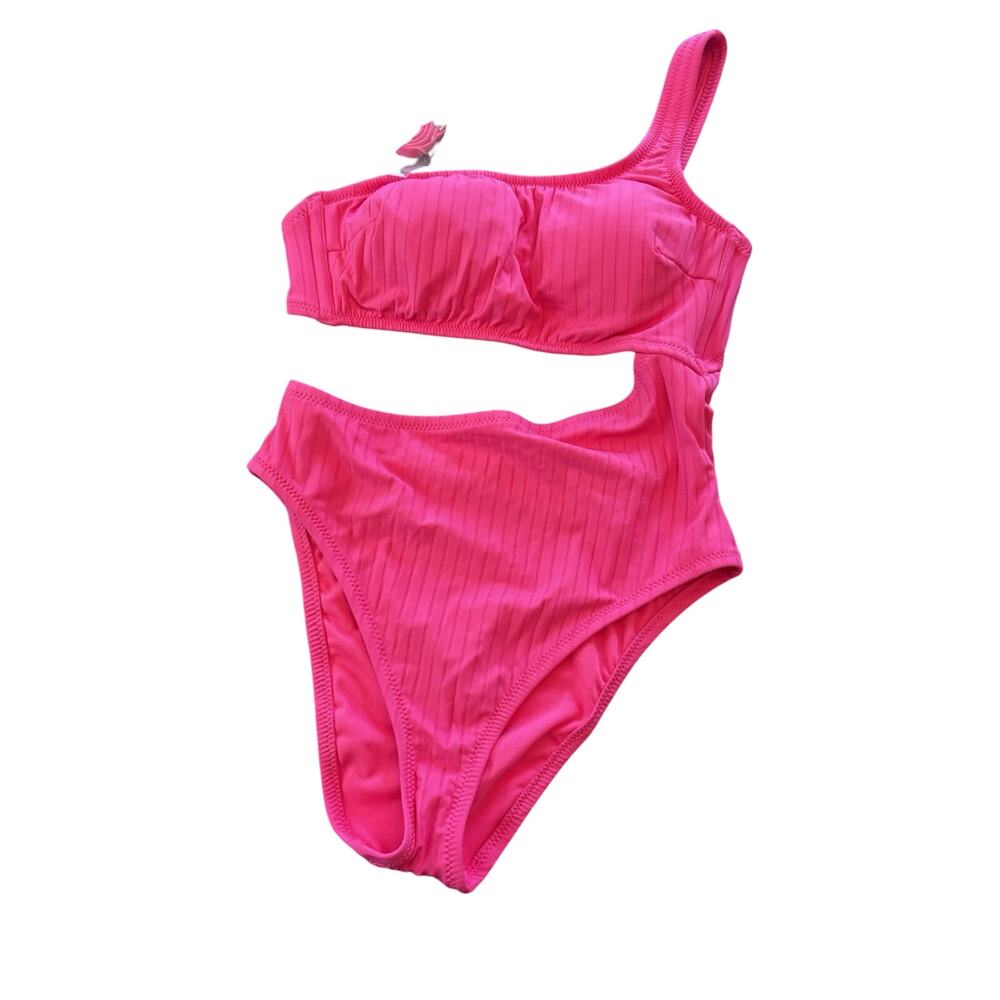 Shade & Shore Women's Medium Pink One Shoulder Open Side Ribbed Piece Swimsuit
